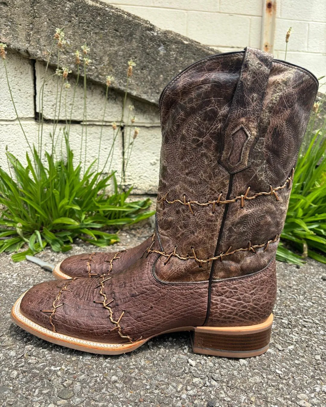 Corral Men's Brown Ostrich Barbed Wire Accent Square Toe Cowboy Boots A4556